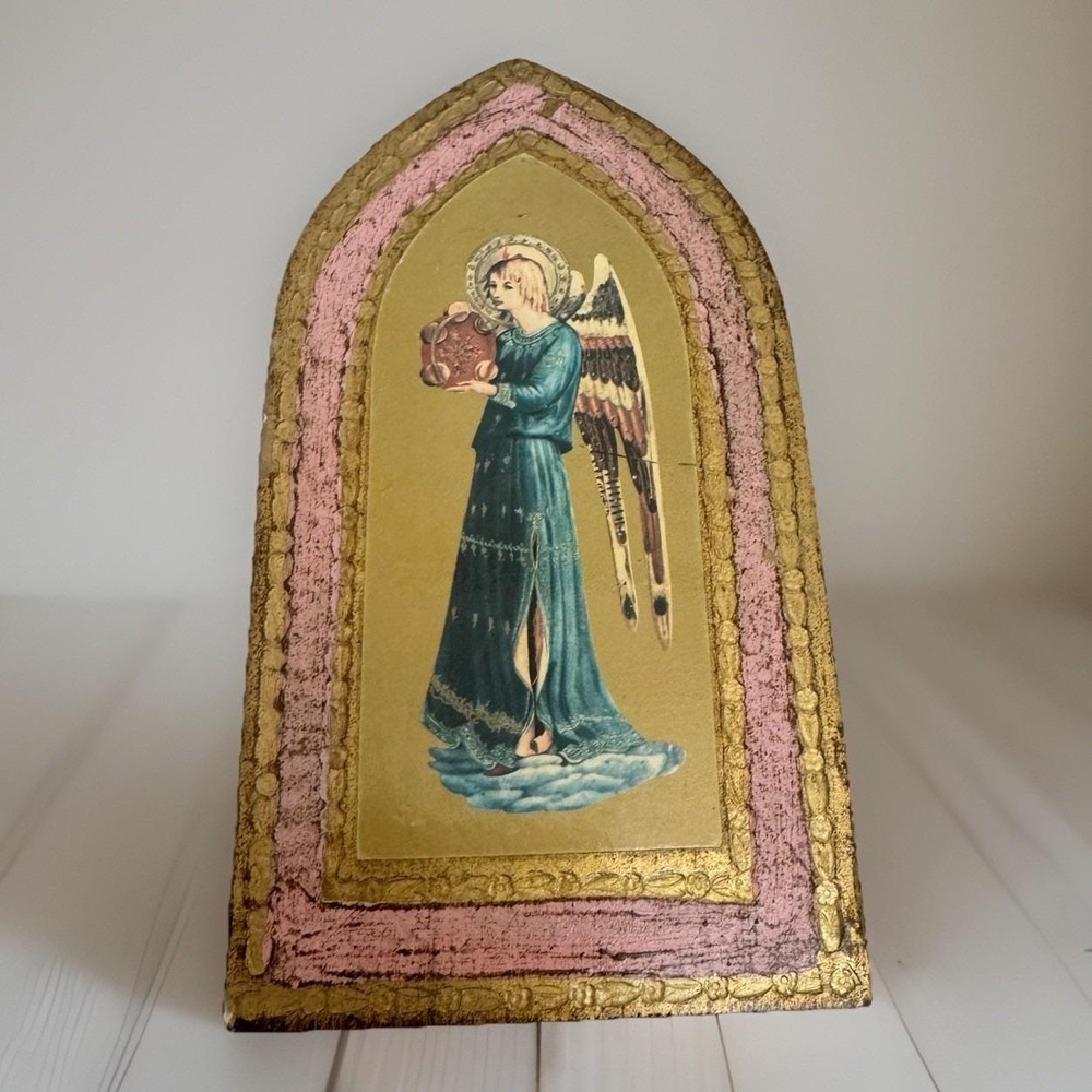 Vintage Fra Angelico Musician Angel w/Tambourine made in Italy wood Plaque